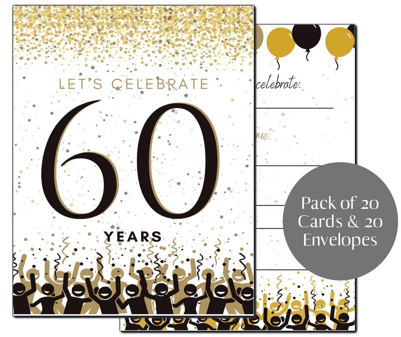 Elcer 60th Birthday Party Invitations Years celebration Happy Anniversary 5 x 7 Black & Gold Invitations Fill In Style 20 Count with Envelopes You're Invited Surprise Party (White) - Image 1
